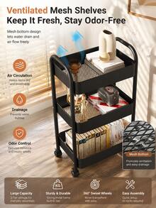 2-Tier/3-Tier Mobile Multi-Function Storage Cart, Metal Storage Organizer Rack With 360° Lockable Casters, Mesh Storage Shelves, Suitable For Kitchen, Bathroom, Laundry Room, Office, Craft, Snack Storage, Black/White Small Space Home Storage Rack - Multicolor - View 7
