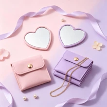 Heart-Shaped Makeup Mirror And Cosmetic Bag Set, Purple Makeup Mirror With Exquisite Matching Cosmetic Bag, Portable Makeup Mirror Set, Suitable For Women, Party Gift, Women Birthday, Holiday Gift - Multi-color - View 2