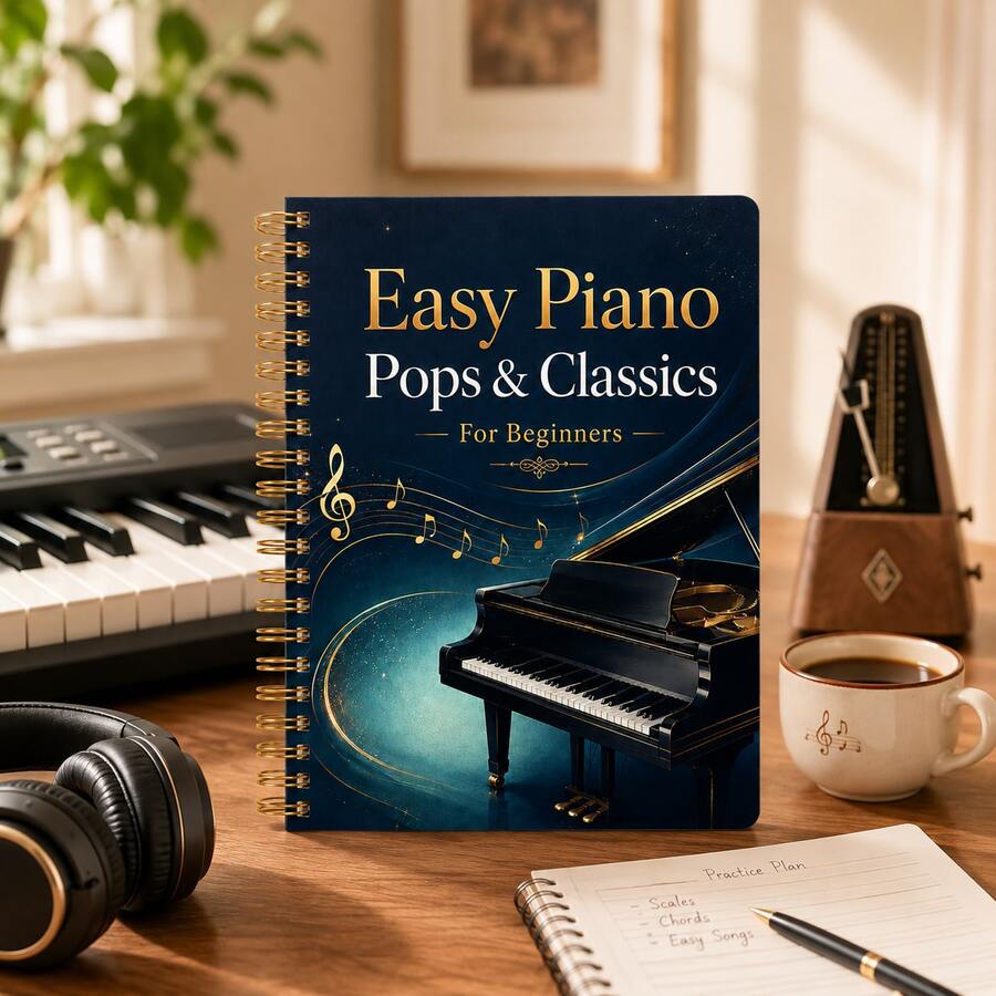 Beginner Easy Piano Songbook Spiral Notebook, Popular And Classical Piano Music Tutorial For Beginners, Introductory Practice Sheet Music Reference Manual, Includes Popular And Classical Pieces, Suitable For Piano Beginners To Practice And Play, Luxurious Black And Gold Piano Art Cover, Metal Spiral Binding For Flat Lay And Easy Flipping, Convenient For Practice And Reference, Music Lovers Learning Tool Book, Piano Beginner Reading Material, Creative Gift Notebook For Music Lovers - Style 1 - View 1
