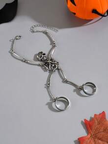 1pc Vintage Gothic Punk Skull Fingerless Bracelet, Fashionable & Unique, Suitable For Halloween - Silver - View 4