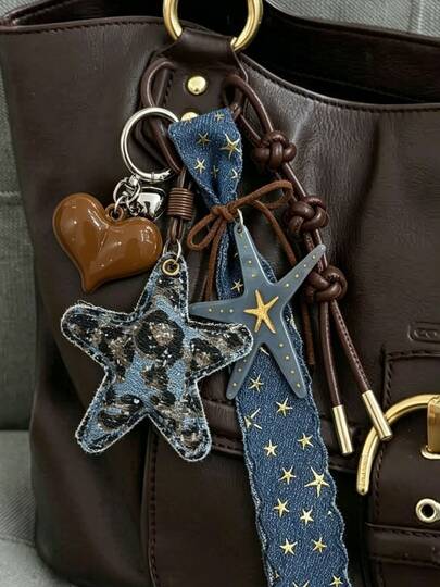 Vintage Sweet Cool Blue Pleated Star Bag Charm, Brown Heart Leather Braided Rope Blue Acrylic Star Backpack Charm Keychain Decoration, Suitable For Outings, Travel, Beach, Can Be Used As Bag Charm, Bag Chain, Bag Decoration, Bag Ornament Keychain, Bag Accessory, Applicable To Women's Bags, Women's Handbags, Backpacks, Student Backpacks, Keychains, Car Keychains, Can Be Used As Birthday Gift, Valentine's Day Gift, Holiday Gift