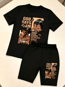 Women's Plus Size 2 Piece Soft Casual God Says I Am Queen Christian Graphic Summer Fall Crew Neck Matching Sets Travel Vacation Outfits For Daily Wear - 黑色 - 查看 2