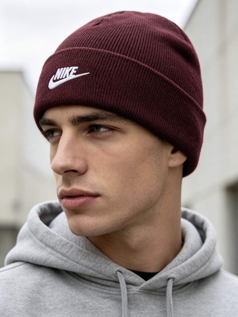 Nike Embroidered Logo Outdoor Casual Sports Warm Comfortable Versatile Beanie Unisex - Burgundy - View 1