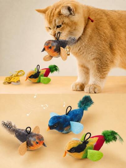 3pcs Cat Toys Realistic Chirping Bird Self-Entertainment Interactive Cat Toys Hanging Squeaky Simulated Bird Plush Doll With Artificial Feathers Kitten Chirping Bird Doll Feather Color And Length May Vary