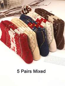 1/3/5/10 Pairs Comfortable Reindeer Print Mid-Calf Socks - Warm Thick Christmas Socks, Women's Style, Festive Animal Pattern, Available In Red, Beige, Brown And Navy Blue, Perfect For Holiday Celebrations - Multicolor - View 10