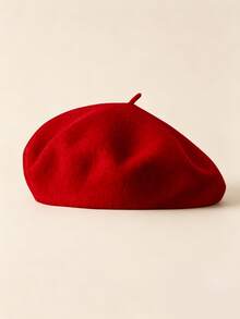 1 buah Topi Beret Klasik Hangat Warna Polos untuk Musim Gugur/Dingin, Topi Pelukis Minimalis - Merah - View 2
