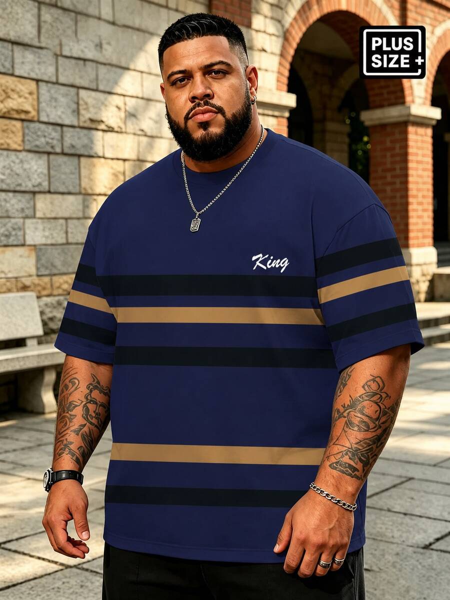 Plus Size Men's Navy Blue Base Black & Gold Contrast Wide Horizontal Striped Crew Neck Short Sleeve T-Shirt, Plus Size Men's T-Shirt Sports Summer - Royal Blue - View 1