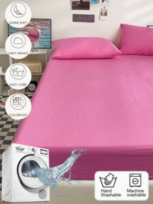 Rose Red Solid Color Skin-Friendly Brushed Bed Sheet Set (1*Bed Sheet + 2*Pillowcases), Suitable For Bedroom And Guest Room, All Season Use, Machine Washable, Dark Green/Blue/Dark Brown/Burgundy/Pale Yellow/Coffee Brown/Light Gray Purple/White - Rose Red - View 4
