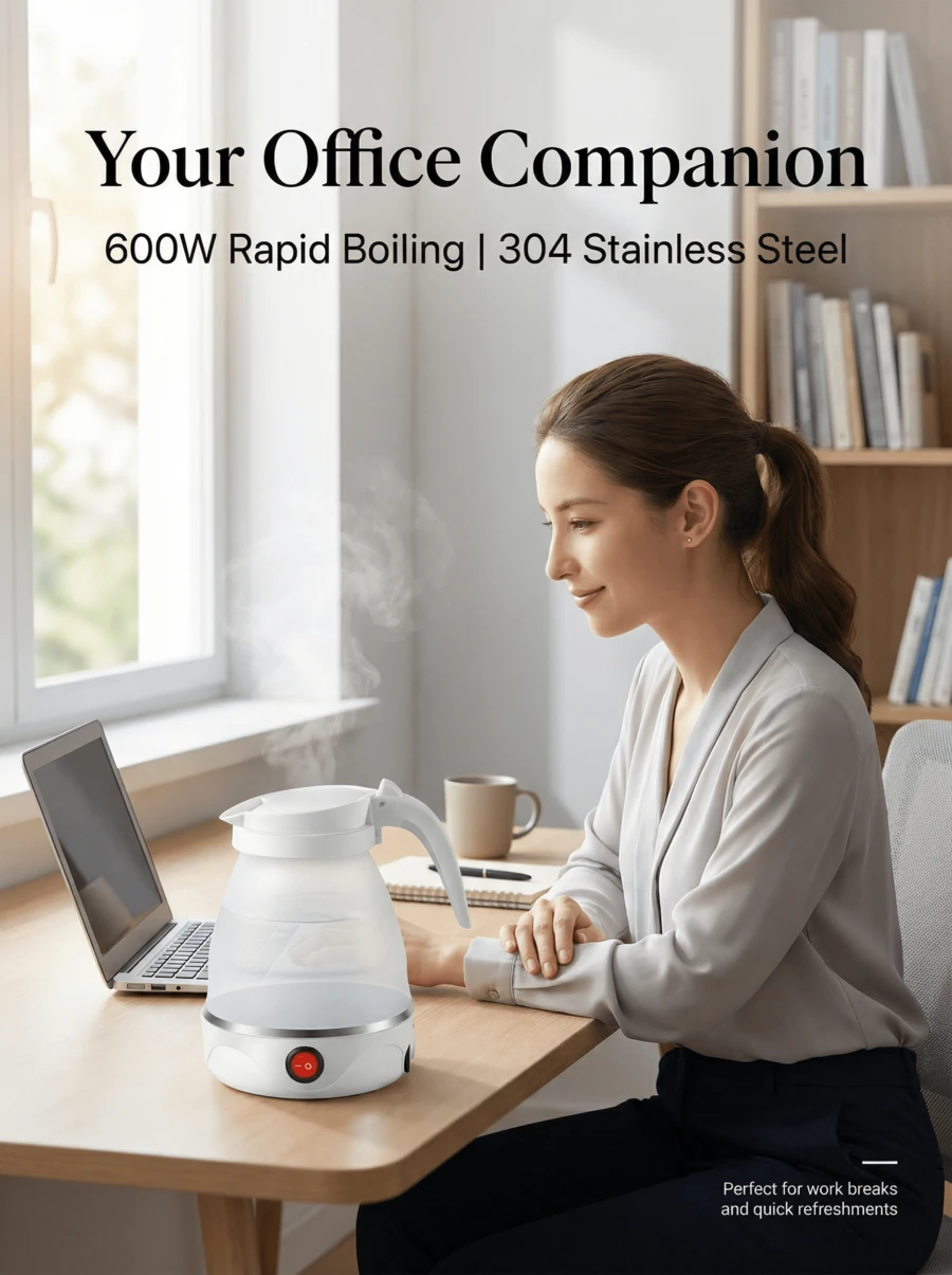 SOKANY 可折疊旅行電水壺 600ml 矽膠便攜式折疊水壺 110-220V 雙電壓,具備自動斷電與防乾燒保護,適合旅行、飯店、居家使用 - 白色 - 查看 1