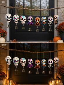 8 Peças Sinos de Vento com Caveira Pintada do Dia dos Mortos & Halloween, Decoração de Bruxa de Abóbora, Uso Interno/Externo, Som Nítido e Agradável, Adequado para Quintal, Fazenda, Festa ou como Presente - Vários estilos - Visão 3