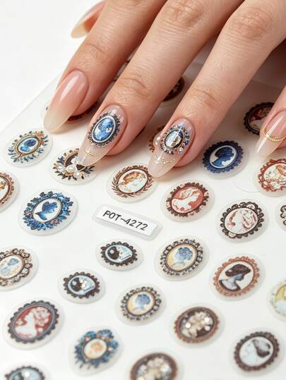 1pc Vintage Portrait Lace Frame Nail Stickers, Self-Adhesive Disposable New Technology Nail Decor, Ins Style, Suitable For Women's Manicure, Foot Care, Holiday Dress-Up
