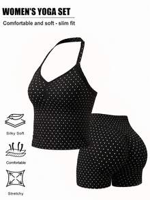 Spaghetti Strap V-Neck Ruched Bust Cropped Camisole & High-Waisted Ruched Butt-Lifting Cycling Shorts, Soft Elastic Slim Fit Set, Suitable For Daily Fitness And Outings - Black and White - View 2