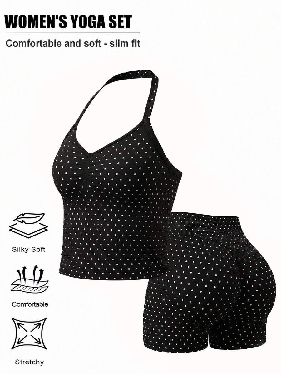 Spaghetti Strap V-Neck Ruched Bust Cropped Camisole & High-Waisted Ruched Butt-Lifting Cycling Shorts, Soft Elastic Slim Fit Set, Suitable For Daily Fitness And Outings - Black and White - View 1