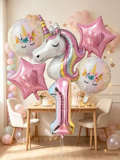 6pcs Unicorn Balloon Set, Star-Shaped 0-9 Number And Star Balloons, Suitable For Birthday Party, Anniversary Celebration, Wedding Decoration, Halloween Decoration, Theme Party, Animal Theme Birthday Decoration, Reusable Foil Balloon Garland, Halloween Foil Balloons, Holiday Decoration, Durable Balloons, Reusable Party Supplies, Event Arrangement, Holiday Shoppers (Ribbon Not Included)