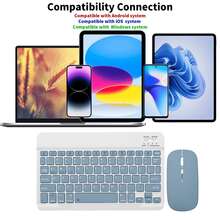 Juego de Teclado Bluetooth, Ratón y Alfombrilla, Teclado Inalámbrico Portátil (150mAh) y Ratón, Compatible con Tablet , Apple, Android, IOS, Windows, Regalo de Vuelta a la Escuela. (Azul Niebla) - azul brumoso - Ver 4