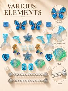 16pcs Ocean Mermaid Blue Diamond Hollow Shoe Charms, Butterfly Dolphin Shell Chain DIY Shoe Buckle Accessory Set - Blue - View 6