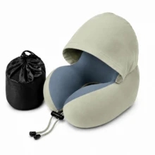 Portable Memory Foam Travel Neck Pillow With Hood, Ice Silk Touch Cover, Adjustable Drawstring, Suitable For Airplane, Car, Train And Office Nap - Multicolor - View 14