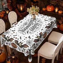 1pc,Vintage Halloween Tablecloth, Black White Pumpkin Bat Cat Print Polyester Table Cover, Elegant Halloween Dining Table Decor For Kitchen, Party, Family Gathering And Holiday Home Decoration - C - View 7