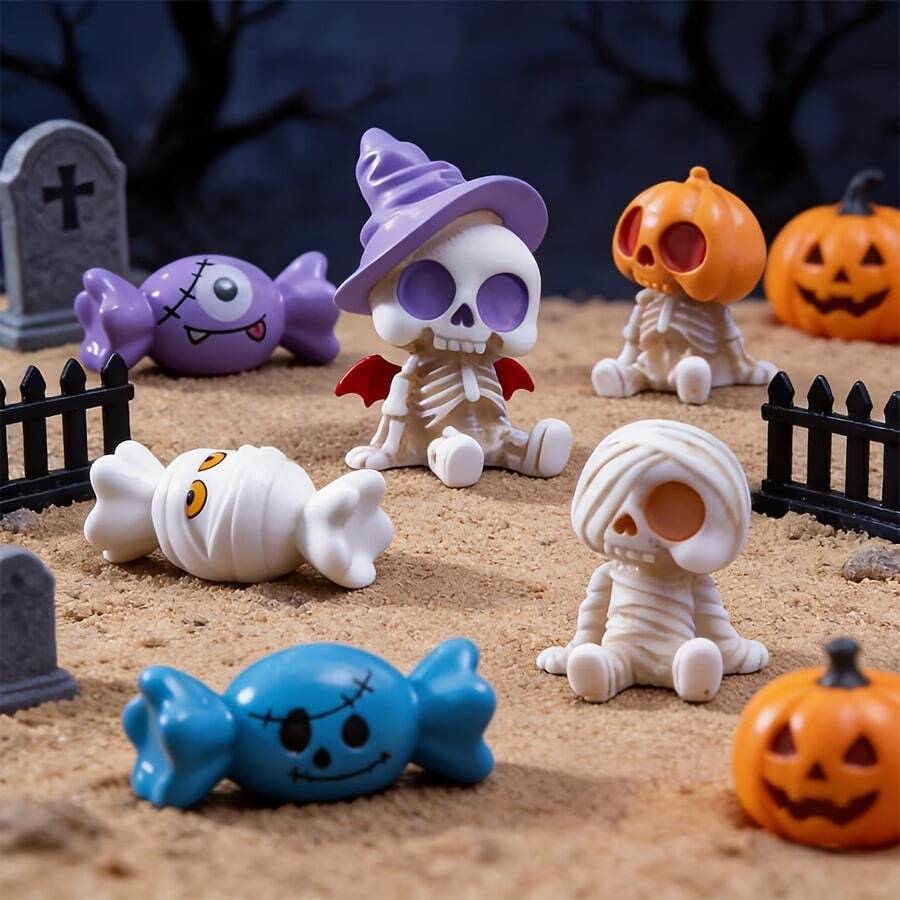 Q-Version Halloween Candy Character Figurine Set, Demon Wizard Skeleton Pumpkin Mummy Collectible Figures, Creative Desktop Atmosphere Decor - Multicolor - View 1