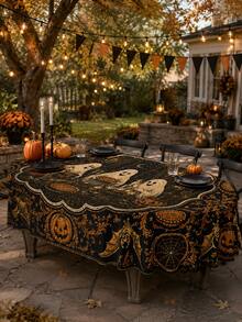 1pc Halloween Cute Ghost Party Rectangular/Round/Oval Themed Tablecloth, Pumpkin, Bat And Spider Web Pattern, Dark Vintage Restaurant Tabletop Decor, Suitable For Parties And Holiday Gatherings - Ghost Style B - View 2