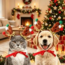 1pc Christmas Pet Reindeer Antler Headband, Adjustable Strap, Suitable For Cats And Dogs, Holiday Party Photo Decoration, Perfect Holiday Gift For Your Pet - Multicolor - View 1