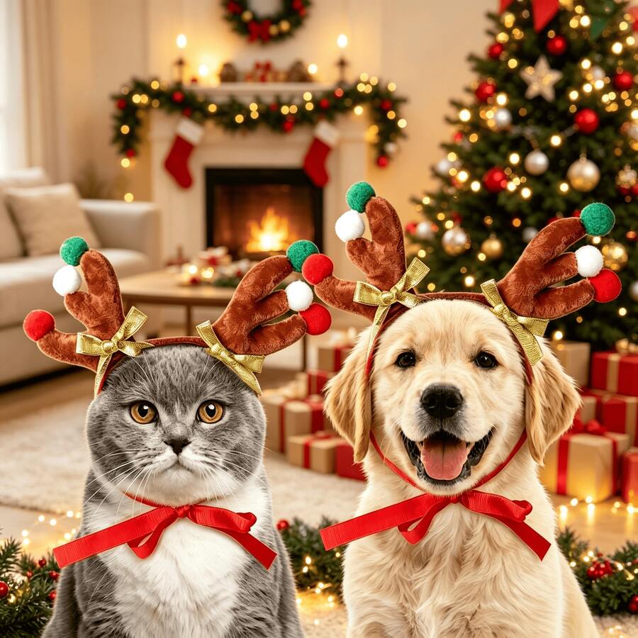 1pc Christmas Pet Reindeer Antler Headband, Adjustable Strap, Suitable For Cats And Dogs, Holiday Party Photo Decoration, Perfect Holiday Gift For Your Pet - Multicolor - View 1