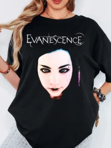 Evanescence Amy Gothic Face Graphic T Shirt Dark Metal Band Casual Tee - 黑色 - 查看 1