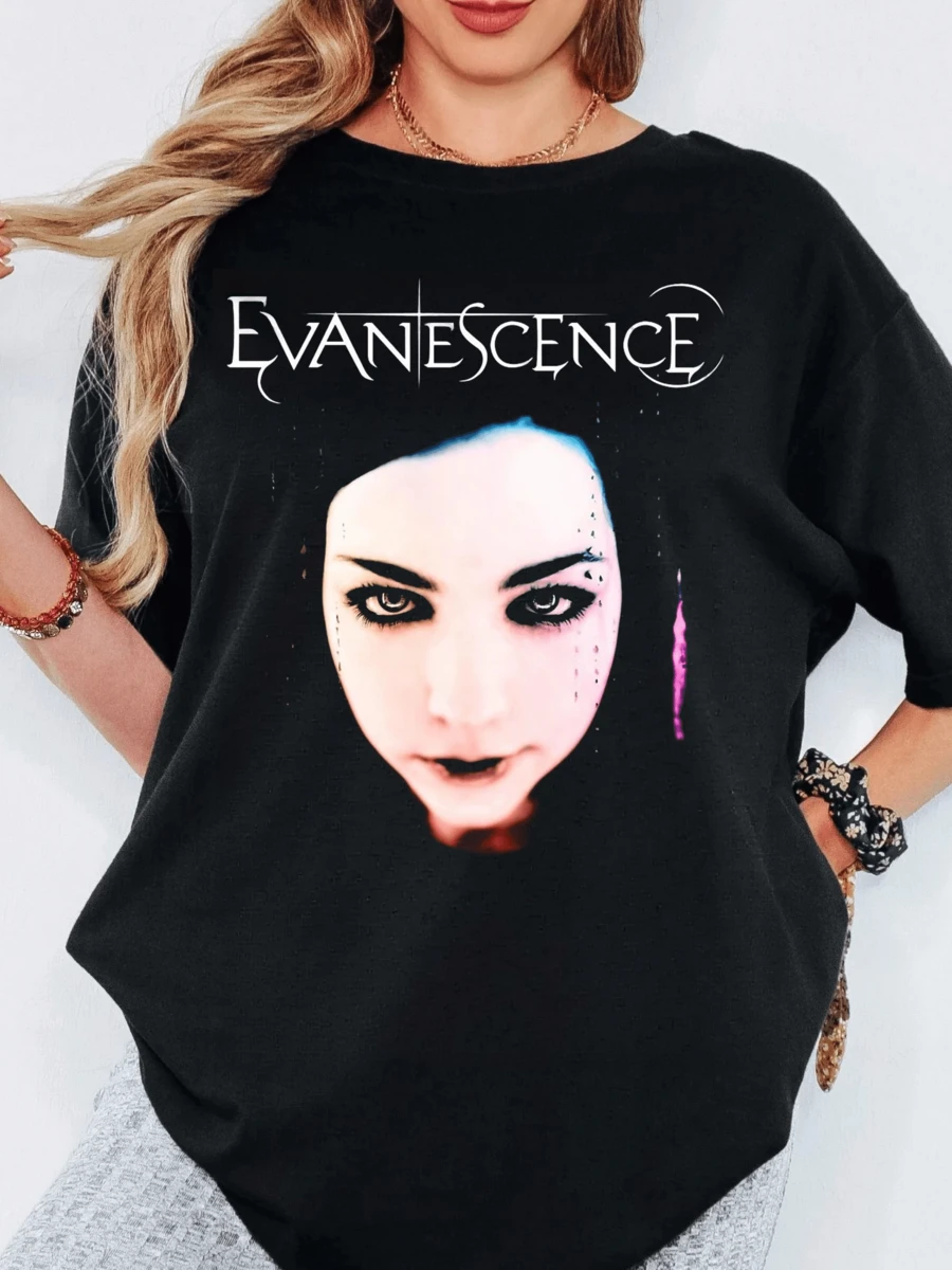 Evanescence Amy Gothic Face Graphic T Shirt Dark Metal Band Casual Tee - 黑色 - 查看 1