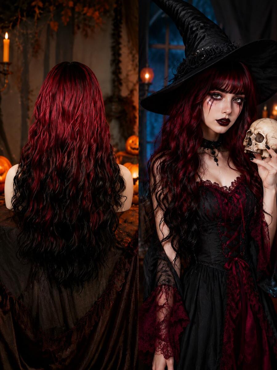 Long Burgundy Red Black Ombre Wig For Women, Wavy Synthetic Wig With Bangs, Halloween Witch Cosplay Party Hair - Red Ombre - View 1
