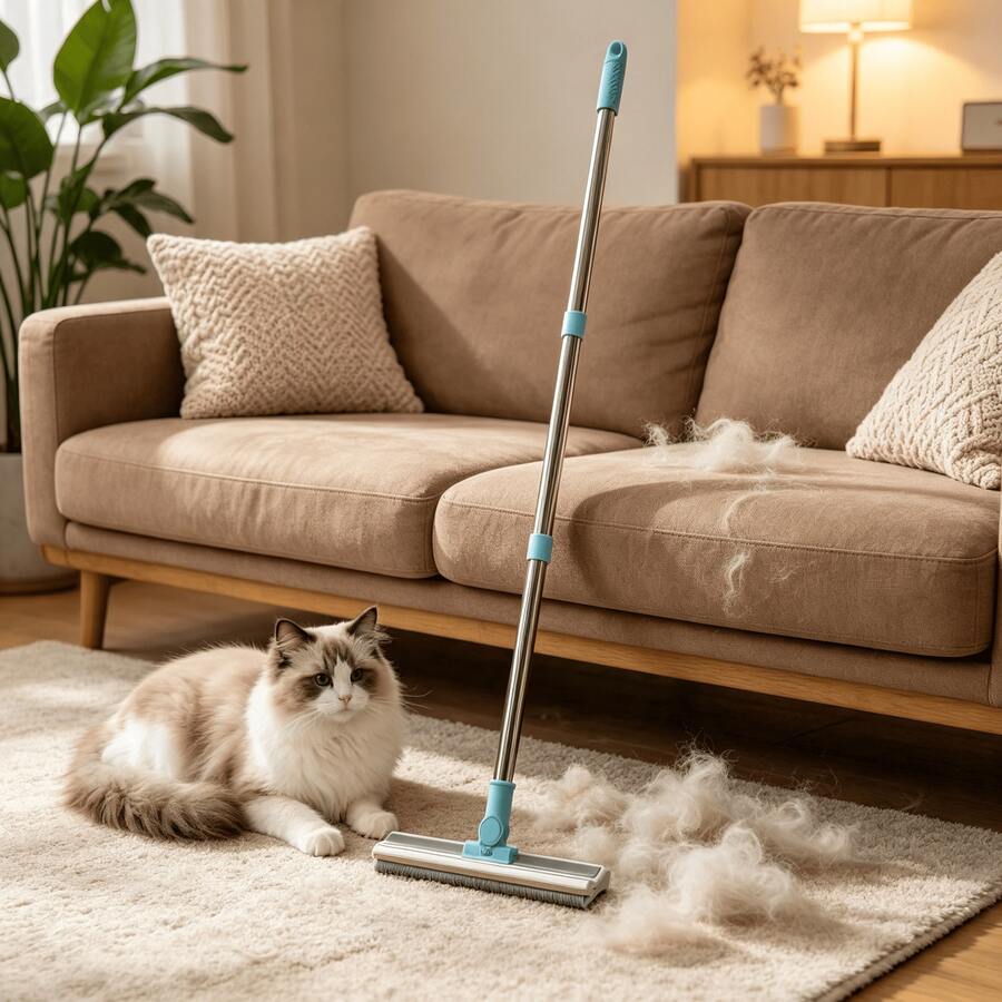 Teppichschaber im Mopp-Stil zur Haarentfernung, geeignet für die Haustierhaarentfernung und Reinigung zu Hause, Haarentfernungswerkzeug mit langem Griff, Haarentfernungsprodukte, Katzen- und Hundehautreiniger, Teppichschaber, großer Edelstahl-Haarentferner - Übersicht 1