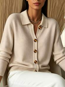 Women's Solid Color Knit Cardigan, Soft And Gentle, Minimalist Commuter Long Sleeve Shirt-Style Jacket - Apricot - View 3