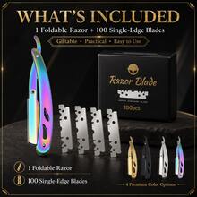Men Barber Grade Hollow Out Foldable Shavette Razor Grooming Kit, Multicolor Stainless Steel Straight Shaving Razor, Foldable Portable Design For Precise Beard & Neckline Edging, Value Pack Contains 100 Single Edge Blades, 4 Stylish Color Choices For - Multi-color - View 7