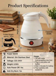 SOKANY 可折疊旅行電水壺 600ml 矽膠便攜式折疊水壺 110-220V 雙電壓，具備自動斷電與防乾燒保護，適合旅行、飯店、居家使用 - 白色 - 查看 4
