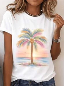 Selamara Women's Palm Tree Pattern Casual Round Neck Short Sleeve T Shirt,Summer Style - 白色 - 查看 7