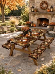 1/3pcs-Stretch Fitted Halloween Picnic Table & Bench Cover Set, Vintage Plaid Patchwork Tablecloth With Ghost Pumpkin Bat Skeleton Print, Spooky Trick Or Treat Decor, Rectangular Elastic Table Cover For Backyard, Outdoor Halloween Party Decor - Multicolor - View 6