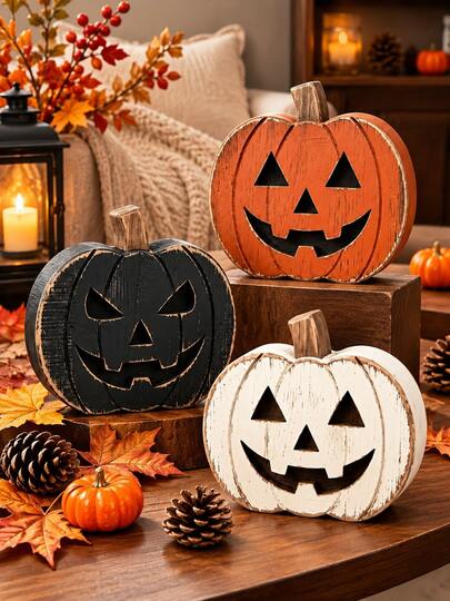 3 Styles Vintage Wooden Jack-O'-Lantern Desktop Decor, Retro Halloween Pumpkin Sign Decoration, Farmhouse Style Halloween Black Orange White Hollow Ghost Face Wooden Pumpkin Centerpiece, Thanksgiving Multi-Layer Tray Fireplace Indoor Vintage Autumn Holiday Home Decor, Desktop Decoration, Halloween Decoration, Gift For Friends, Birthday Gift