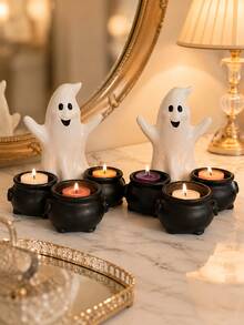 1pc Halloween One‑Piece Ghost Tealight Candle Holder With 3 Integrated Witch Cauldrons, All‑In‑One Ghost Figurine Tea Light Holder, Spooky Tabletop Mantel Centerpiece, Home Party Holiday Decor Ornament, Candles Not Included - Ghost Candlestick - View 6