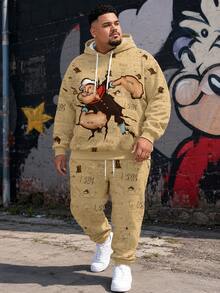 ZhuYa Hot Selling "Cool Sailor All-Over Print" Contrast Color Plus Size Men's Hoodie Set, Spring/Autumn Sports 2-Piece Outfit - Ins Style Plus Size Loose Fit Hooded Sweatshirt + Jogger Pants, Street Hip Hop Versatile - Khaki - View 1