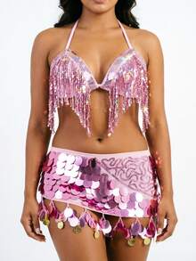 Sequin Fringe Halter Triangle Dance Top Pailette Sequin Embroidered Mesh Coin Charm Mini Hip Skirt Belly Dance Stage Rave Party Outfit - Multicolor - View 6