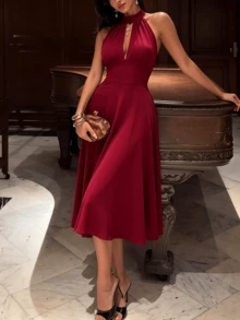 Women's Elegant Solid Color Backless Halter Mid-Length Dress, Elegant Autumn Party Outfit - Red - View 8