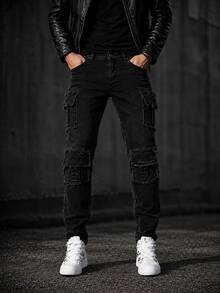 Ins Motorcycle Blogger Style Distressed Black Ripped Raw Hem Cargo Jeans With Multiple 3D Pockets Deconstructed Design Slim Fit Flattering Riding Denim Pants For Men - Black - View 3