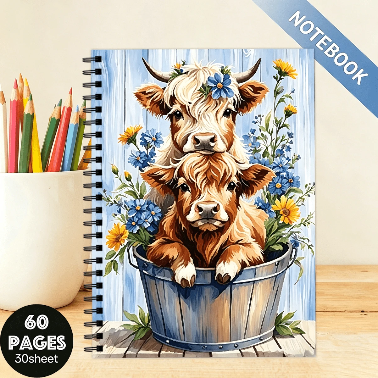 Highland Cow Floral Notebook, 2 Cows Notebook, 30 Sheets/60 Pages Lined Blank Notebook, Journal, Ideal Gift For Back To School And Christmas - A5 - View 1