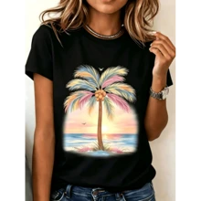 Selamara Women's Palm Tree Pattern Casual Round Neck Short Sleeve T Shirt,Summer Style - 黑色 - 查看 8