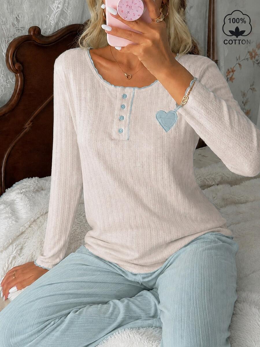 Women's Two-Piece Rib-Knit Pajama Set - Long-Sleeve Button-Detail Top & Matching Trousers - Soft, Cozy Loungewear For Ultimate Relaxation - Mint Blue - View 1