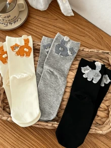 3 Pairs Random Cute Cat, Egg And Bell Pattern Fun Socks, Suitable For Autumn/Winter, Christmas, Back To School, Perfect As Gifts, Unisex Mid-Calf Socks - Multicolor - View 4