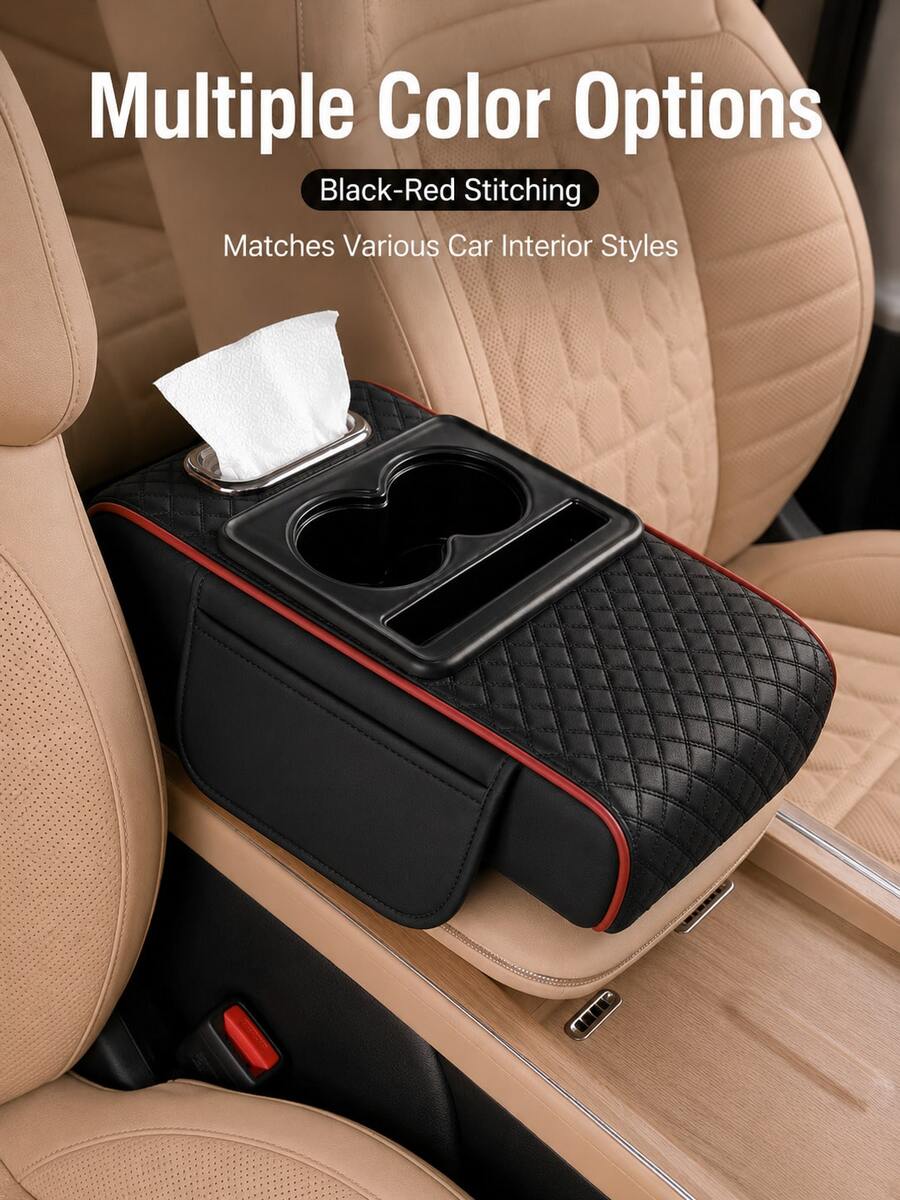Bantalan Sandaran Tangan Konsol Tengah Mobil, Bantalan Sandaran Tangan Mobil dengan 2 Kantong Penyimpanan, Tempat Gelas, Slot Kotak Tisu dan Slot Ponsel, Cocok untuk Sebagian Besar Model Mobil, Penyimpanan Multifungsi untuk Ponsel, Botol Air dan Kartu
