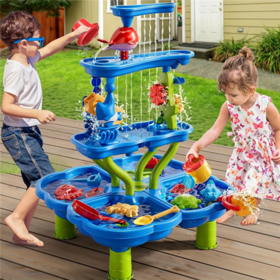 Sand And Water Table For Toddlers, 4-Tiers 32" Tall Large Water Sand Table For Kids Rain Showers Splash Pond Summer Garden Beach Sandpit Toys Outdoor Activity Sensory Playset With Accessories