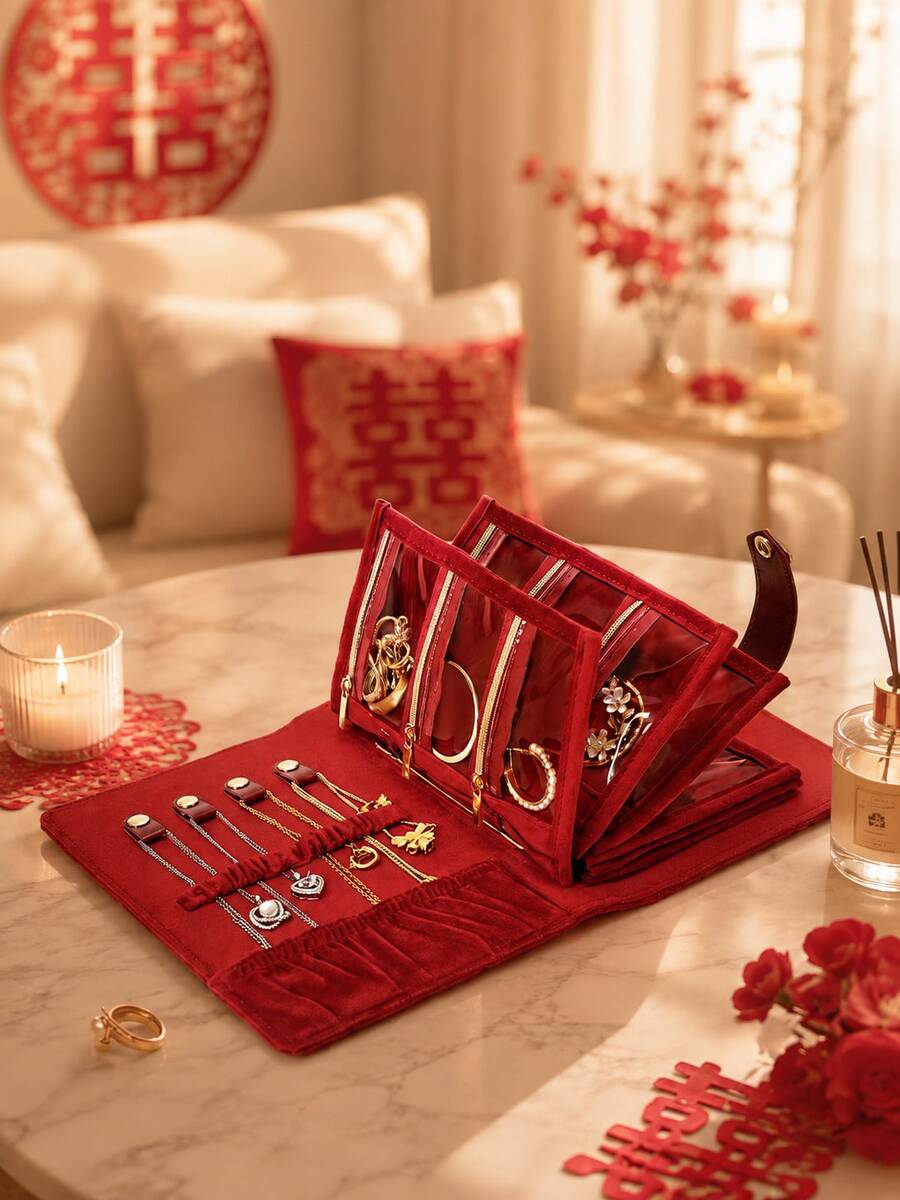 CASEGRACE 1pc Velvet Travel Jewelry Book Organizer, Portable Fold‑Out Jewellery Storage Case For Necklaces Earrings Rings Bracelets, Wedding Bridal Gift Jewelry Holder