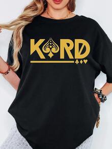 KARD Spade Logo Print T Shirt Golden Vintage Band Sign Graphic Basic Casual Short Sleeve Tee - 黑色 - 查看 1