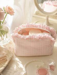 Cosmetic Bag, Cute Storage Bag, Plaid Ruffle Cosmetic Bag, Plaid Cosmetic Storage Bag, Portable Zipper Beauty Storage Bag, Essential For Women And Girls Travel, Holiday, School, Christmas Gift, Best Gift For Women - Multicolor - View 5